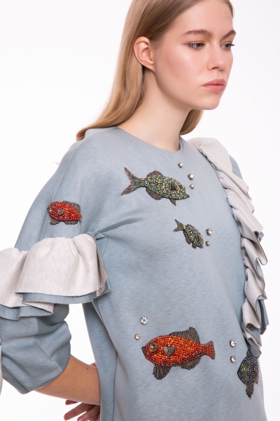 Gizia Ruffle Detailed Stone Embroidered Nile Green Sweatshirt. 1