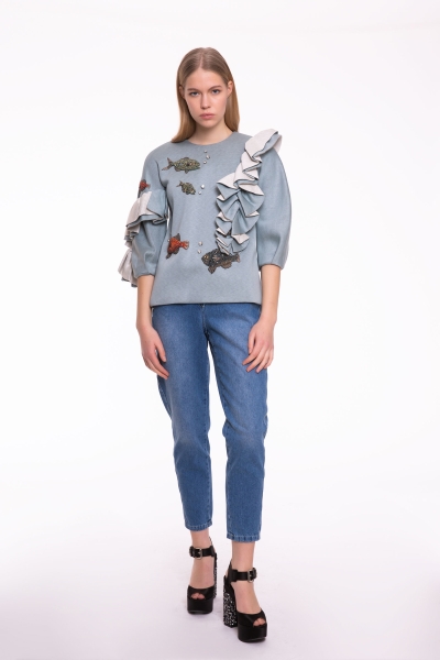 Gizia Ruffle Detailed Stone Embroidered Nile Green Sweatshirt. 3 Gizia Ruffle Detailed Stone Embroidered Nile Green Sweatshirt. 3