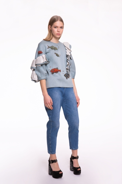 Gizia Ruffle Detailed Stone Embroidered Nile Green Sweatshirt. 4 Gizia Ruffle Detailed Stone Embroidered Nile Green Sweatshirt. 4